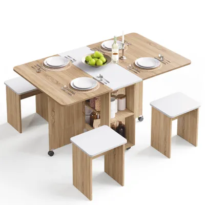 Image de Mondeer Table de salle à manger avec 4 tabourets Gain de place (120x80→33x80cm), Sur roulettes avec freins, Fonction 3 en 1 & Montage rapide Chêne et blanc
