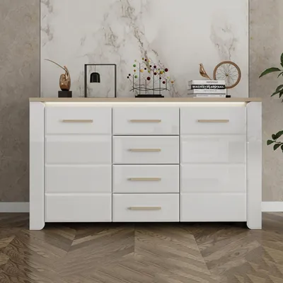 Image de Barone - Buffet, 154x41x88h cm Blanc, 4 Tiroirs