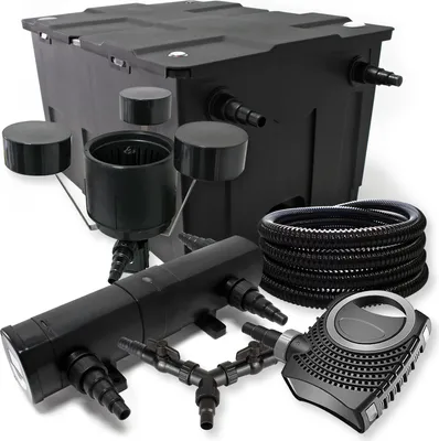 Immagine prodotto di Set completo SunSun: filtro per laghetti CBF-550 fino a 60000 L, pompa per laghetti NEO10000 10000l/h 80W, chiarificatore per laghetti CUV-218 18W, tubo per laghetti 25m 25 mm, schiumatoio CSP-250 2500l/h 45W, distributore a Y