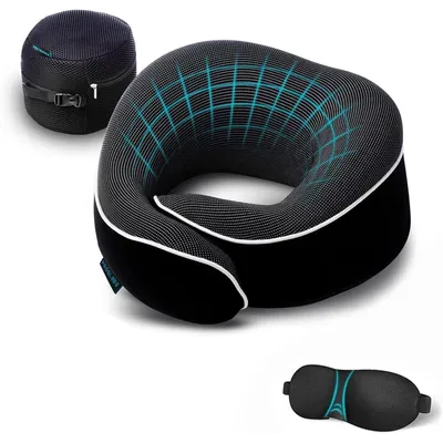 Immagine prodotto di Cuscino da viaggio per il collo - Memory foam - Set aereo con mascherina per dormire - Nero