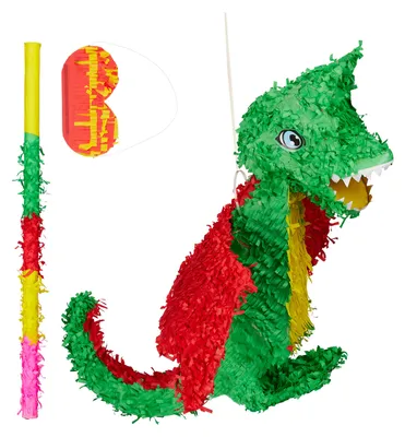 Immagine prodotto di Set piñata da 3 pezzi a forma di drago, bastone per piñata con benda per gli occhi, per bambini, bastone e benda, da riempire autonomamente, piñata, colorata