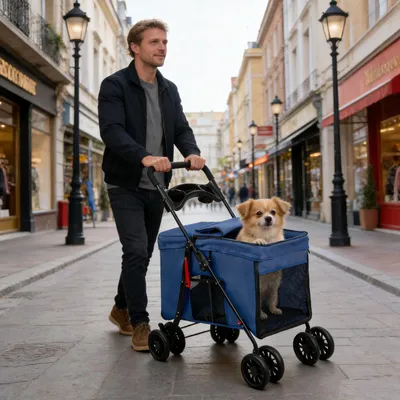 Produktbild von 2 in 1 Klappbar Hundewagen Hundebuggy Bis 20kg,Pet Stroller mit Netzfenstern 2 Türen,Hundetrolley Transportbox Hunde & Katze 95x75x49cm Blau
