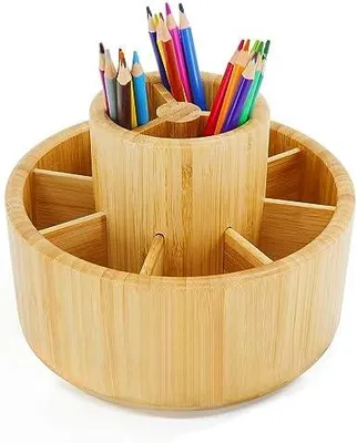 Produktbild von Bamboo Desk Organizer, große Kapazität Pen Holder Lagerung für Bleistifte, Farbstifte, Pinsel, 360 Grad drehbar Büro Veranstalter, Holz Farbe