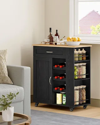 Produktbild von Küchenwagen Schwarz – Holzaufbewahrungswagen mit Schubladen und Ablagen – 68x86x40 cm