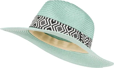 Produktbild von styleBREAKER Damen Panama Sonnenhut Einfarbig mit Stoff Hutband mit Azteken Muster, Strohhut, Schlapphut, Sommerhut, Fedora Hut 04025046