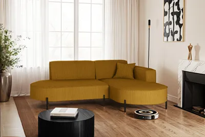 Image de Canapé d'angle, canapé en L Designer Modena Pur tissu Poso Couleur moutarde droite