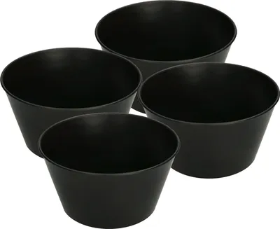 Four black mixing cups are arranged in a staggered formation against a white background.