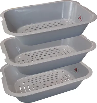 Three stacked gray litter boxes with perforated bottoms.