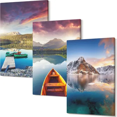Obrázok produktu pre Fotoplátno – Foto Na Plátno – Obraz Na Plátne – Viacdielne Obrazy – Nástenné Umenie – Tlač Fotografii – Rám Z Dreva – Matné Plátno – Set 3 Kusy – 20x30 Cm – Pokojné jazerá s horskou scenériou a loďou