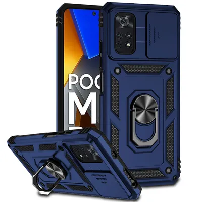 Immagine prodotto di Custodia per Xiaomi Poco M4 Pro 4G a doppio strato con copertura fotocamera scorrevole e supporto ad anello blu
