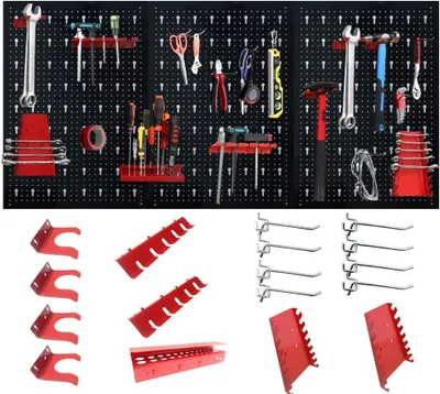 Imagen del producto de Panel de pared metálico perforado de 120 x 60 x 2 cm, ideal para organizar herramientas, incluye 17 ganchos y soportes, sistema de almacenamiento para talleres y garajes