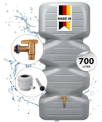 Produktbild von GARANTIA CUBUS Regentonne Komplett-Set 700 Liter, betongrau inkl. Kunststoff-Auslaufhahn und Fallrohranschluss