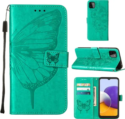 Produktbild von Galaxy A22 5G Hülle, Schmetterling Prägung Flip Leder Kartenfächer Schutzhülle Ledertasche mit Ständer für Samsung Galaxy A22 5G Grün