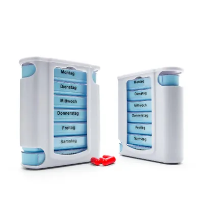 Produktbild von BigDean 2 Stück Tablettenbox 7 Tage Morgens, Mittags, Abends & Nachts in Weiß – Medikamentenbox BPA-frei & Lebensmittelecht – luftdichte Pillendose