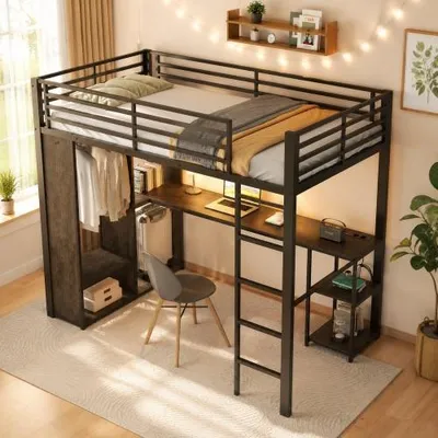 Produktbild von Hochbett aus Eisen mit LED-Beleuchtung, Schreibtisch, USB-/Type-C-Steckdose, Kleiderschrank und Regalfächern, ohne Matratze, 90x200 cm, Schwarz