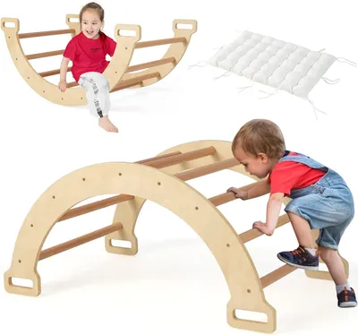 Produktbild von GOPLUS Kinder Kletterbogen mit Kissen, Kletterdreieck Indoor aus Holz, Klettergerüst zum Wippen und Klettern, Holzkletterbogen und Wippe für Kinder ab 3 Jahren (Natur)