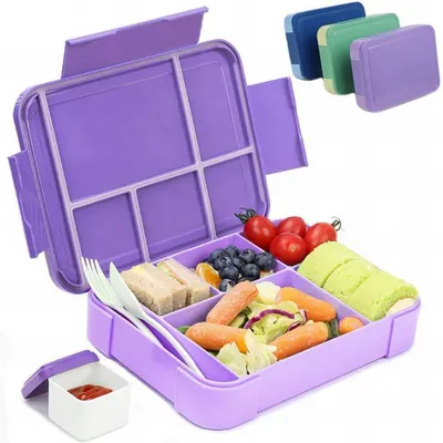 Immagine prodotto di Contenitore per alimenti per bambini con scomparti, capacità 1330 ml, colore lilla, contenitore bento a prova di perdite con 6 scomparti, set di posate incluso