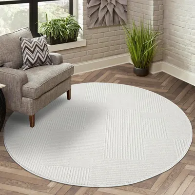 Productafbeelding van Laagpolig vloerkleed, rond, diameter 200 cm, crème kleur, met een geometrisch gestreept 3D-effect