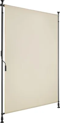 A beige retractable awning with black poles and a hand crank.