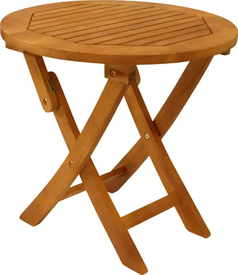 A wooden folding side table on a white background.