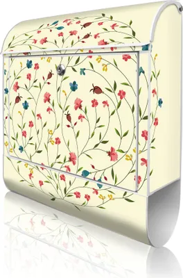 Produktbild von banjado Design Briefkasten Stahl weiß mit Zeitungsfach pulverbeschichtet "Blumenreigen" 38x46x12,5cm & 2 Schlüssel - Postkasten A4 Einwurf inkl. Montagematerial [BKW 10755]