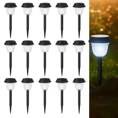 A set of solar garden lights on a white background, with one light shown in a garden setting on the right.