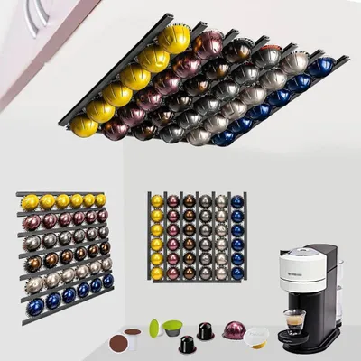 Image de Support mural pour capsules de café - Fixation murale pour 6 rangées de capsules - Rangement pour capsules de café - Noir
