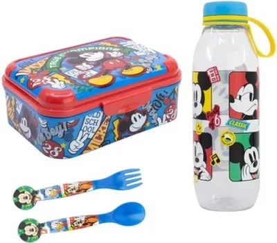 Produktbild von Disney Mickey Maus 4 tlg Lunch Set Brotdose Trinkflasche Löffel Gabel