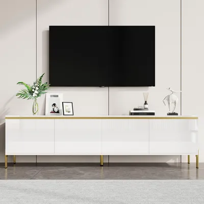 Produktbild von Moderner hochglänzender TV-Ständer Vier Schranktüren, Kabelschnittstelle Goldkantenband TV-Ständer mit Stauraum für das Wohnzimmer