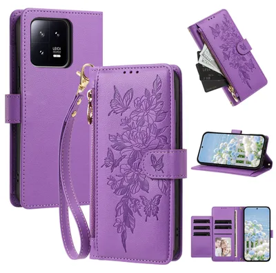 Produktbild von Handyhülle für Xiaomi 13, Wallet Case Kunstleder mit Kartenfächern, Reißverschluss und Handschlaufe Lila