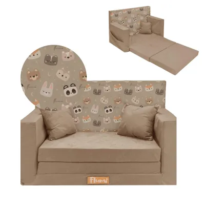 Produktbild von Flumi Kindercouch Kindersofa Spielsofa mit Schlaffunktion für Kinderzimmer -Schlafsessel mit Bettfunktion - Kindermöbel Beige + Teddybären