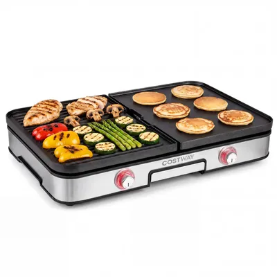 Obrázok produktu pre Elektrický stolný gril COSTWAY, 2000 W, s ochranným krytom proti striekajúcej vode, 2 termostaty, 6 nastavení teploty a odkvapkávacia miska, kompaktný gril s platňou