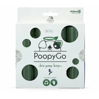 Productafbeelding van PoopyGo Eco, milieuvriendelijk, 120 stuks (8 rollen met 15 zakjes per rol), lavendelgeur