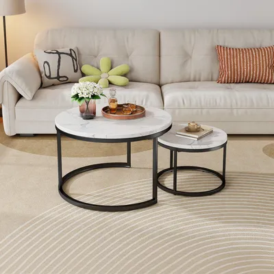 Produktbild von STILVORA Couchtisch-Set 2-teilig rund,Wohnzimmertisch mit rutschfesten Fußpads, Beistelltisch mit Metallrahmen und Tischplatte Steinoptik