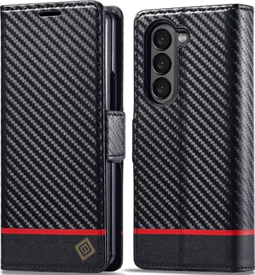 Produktbild von Hülle für Samsung Galaxy Z Fold5 Kohlefaser Leder Brieftasche Schutzhülle mit Standfunktion Schwarz Horizontal Rot