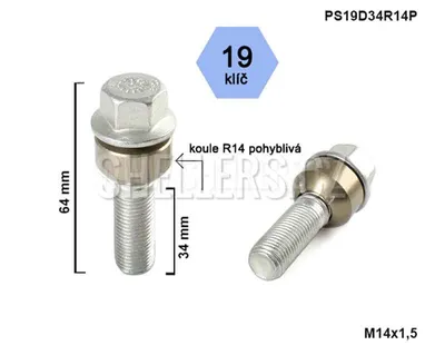 Obrázek produktu pro Kolový šroub M14x1,5x34 kulová R14 pohyblivá, klíč 19, výška 64