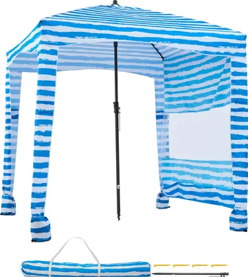 Zdjęcie produktu dla SucceBuy kabina plażowa 183 x 183 cm ze ścianką boczną, ochrona przeciwsłoneczna UPF 50+, przenośny pawilon z workami z piaskiem, idealna ochrona przeciwsłoneczna dla rodziny i przyjaciół, niebieskie paski