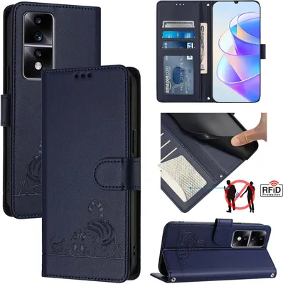 Produktbild von Leder Hülle für Honor 80 GT Süße Katze Flip Case Brieftasche Schutzhülle mit Standfunktion Blau