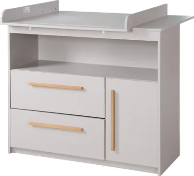 A light gray changing table with two drawers and a cabinet, featuring wooden handles, set against a white background.