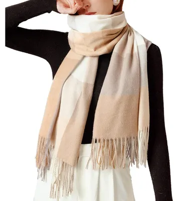 Obrázek produktu pro Šála Pashmina, dámská, kostkovaná, elegantní, dlouhá, měkká, teplá, šála s volánky, tartan, pletená šála, zimní poncho, přehoz, 70x180 cm, barva: béžová