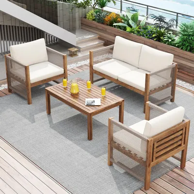 Produktbild von 4-teilig Seil & Akazie Gartenmöbel Sitzgruppe für 4 Personen, Lounge-Set wetterfest mit Akazienholz-Tisch & Auflagen, Beige
