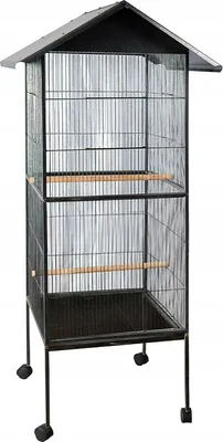 A tall, black metal bird cage with a peaked roof and wheels on a white background.