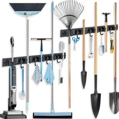 Produktbild von Unyqoos® Wand-Werkzeughalter 2er-Set, Edelstahl mit Silikonrollen, 5 Halter & 4 Haken, Griffaufnahme 1,9–3,5 cm, 10 kg (3M) / 15 kg verschraubt – für Haus & Garten
