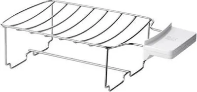 A chrome toaster rack with a white plastic attachment.