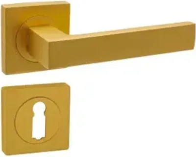 Produktbild von DOMINO Türgriff Drückergarnitur BB-Buntbart Set | mit quadratischen BB Rosetten | Türklinke für Zimmertür, Bürotür, Kellertür & Innentür | Türbeschläge aus Aluminium  | Gold Matt Türdrückergarnitur|  QUBIK-QR  K-GOLD MATT