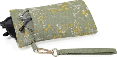 Productafbeelding van Brilhoesje van Polyurethanleer met handlus, dames- en herenmodel, groen met bloemenprint