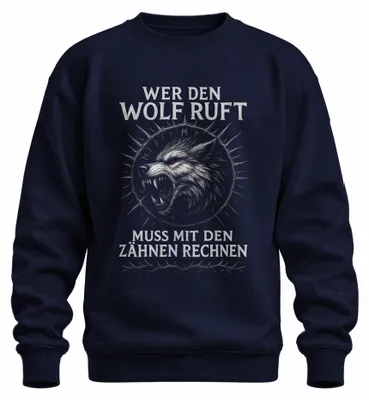 Productafbeelding van "Wie de wolf roept," Vikingspreuk. Valhalla. Noords. Fenriswolf. Uni sweatshirt, marineblauw, maat L