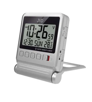 A silver digital alarm clock with a black display is shown against a white background.