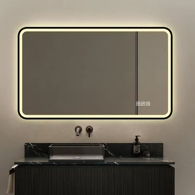 Produktbild von LED-Badezimmerspiegel, schwarzer Alu-Rahmen, Anti-Beschlag, 100 x 60 x 4 cm, Schwarz