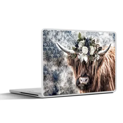 Produktbild von MuchoWow® Laptop Aufkleber Sticker Cover Schottische Highlander - Blumen - Nebel 25x18 cm - Laptop-Deko